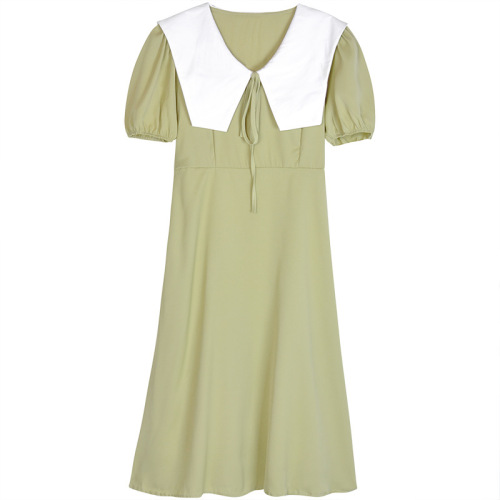 French-style long dress with Hong Kong-style retro chic, women's summer green short-sleeved high-waisted long dress