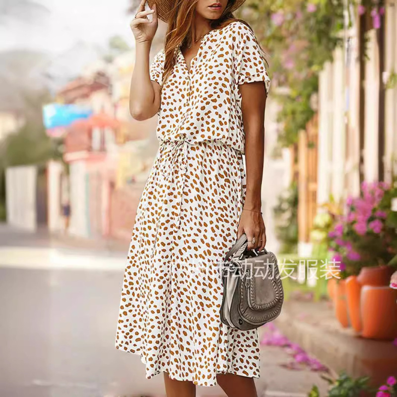 European and American Fashion Women's Clothing Amazon's Best-Selling 2020 Summer Polka-Dot Printed Short-Sleeved Midi Dress