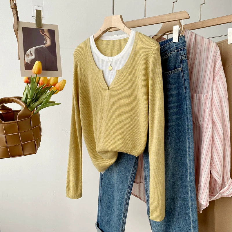 2024 Весна Новый корейский стиль поддельные 2-Piece Шерсть смешанная свитер яма текстура похудение с длинным рукавом 5212