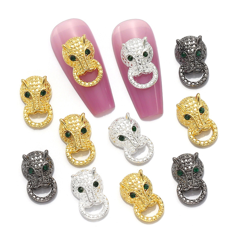 Cross-Border Popular Personalized Cheetah Design Punk Style Domineering Leopard Head Nail Art Jewelry Nail Accessories Wholesale