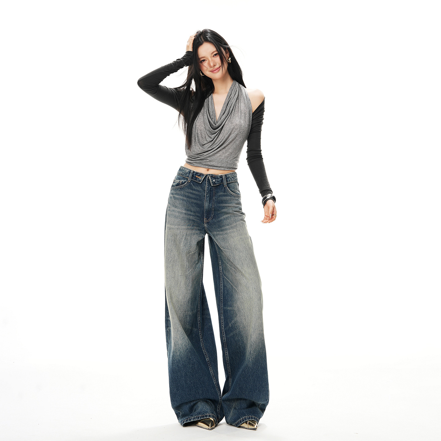2026 Spring New Style Mid-Waist Folded Waist American Retro Washed Wide-Leg Denim Floor-Length Pants