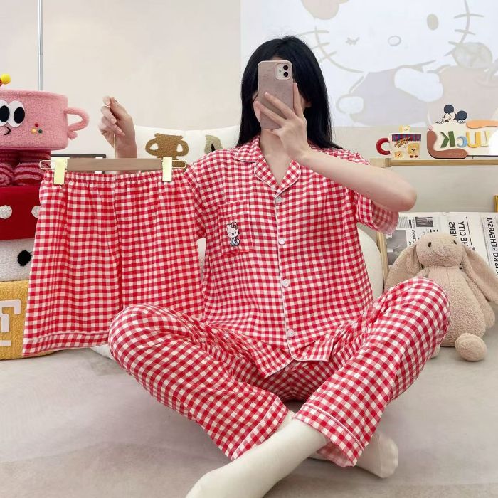 Venta al por mayor transfronteriza 120g pijamas de algodón de nube de verano de manga corta para mujer pantalones cortos de algodón de nube de verano de tres piezas servicio a domicilio de dibujos animados
