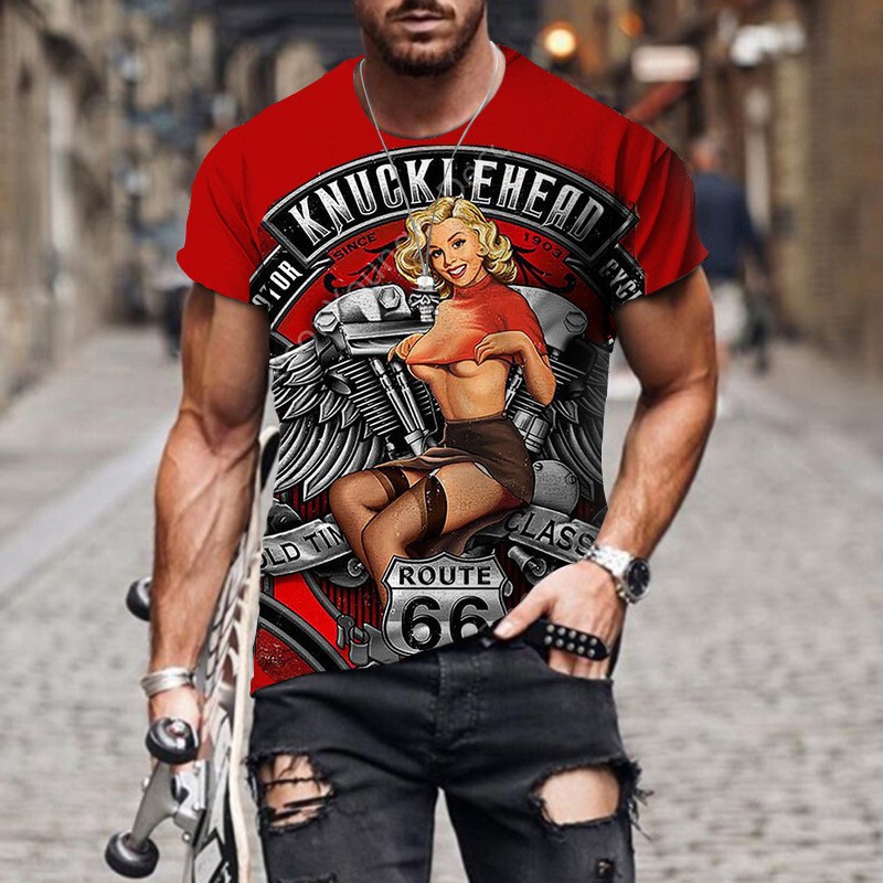 Cross Border New Summer Men's 3D Print Retro T-Shirt Graphic Rock Hip Hop Street Style Bike Ride