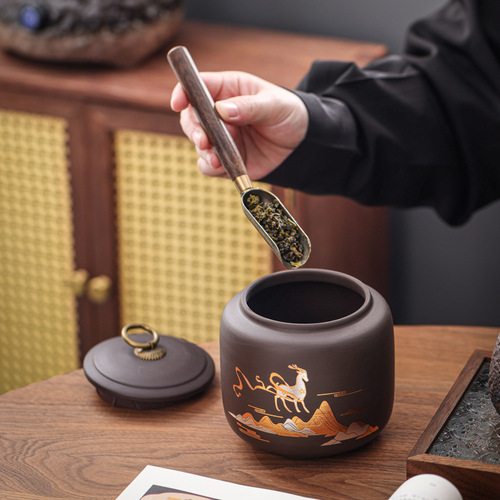 New purple clay ceramic tea canister black tea Pu'er oolong tea gift box tea storage canister capacity about 150g wholesale