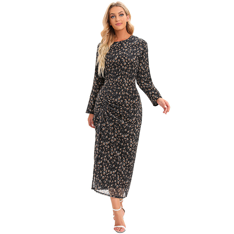 Floral Print Long Sleeve Maxi Dress Wrap Style with Drawstring Waist Chiffon Fabric for Women Size S to XXL_voghion.com