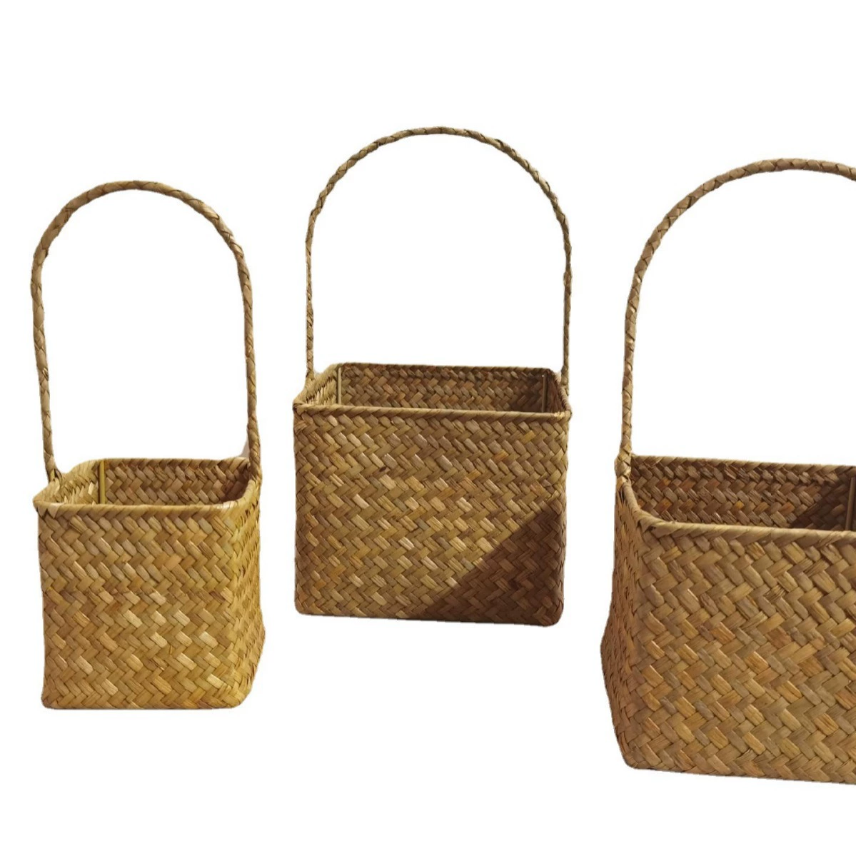 Handmade Seaweed Woven Basket (Golden grass craft) with Straw Handle — Natural Gift & Storage, 18×18×32 cm