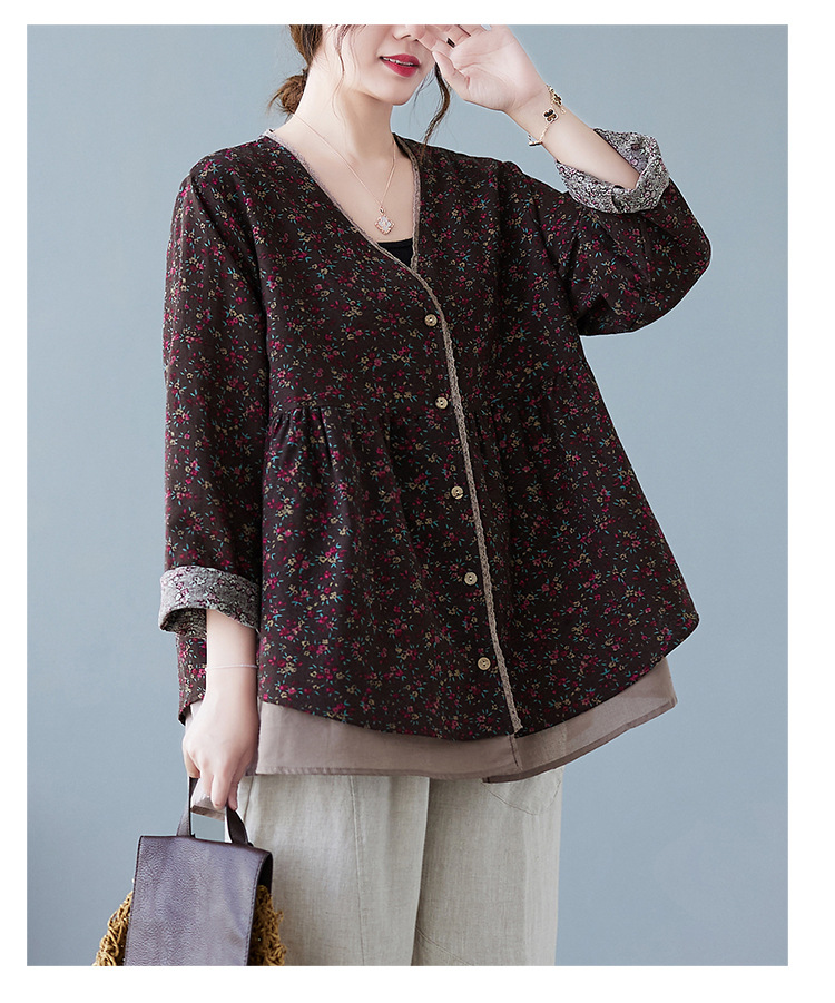 350g Weight Long Sleeve Sleeve Length Single Breasted Placket Type Regular Sleeve Sleeve Type Printing, Cotton and Linen, Hemp Fabric Type Ordinary Model (50cm <Length ≤ 65cm) Top Length Fake two-piece set, Shirt Tops Type V Neck Neckline Loose Fit Type Floral Pattern Temperament Commuter, Commute style Style Printing Craft Autumn 2025 Women's Floral V-neck Open Cardigan Fake Two-Piece Loose Cotton Linen Plus Size Shirt Elegant Commute Style 18