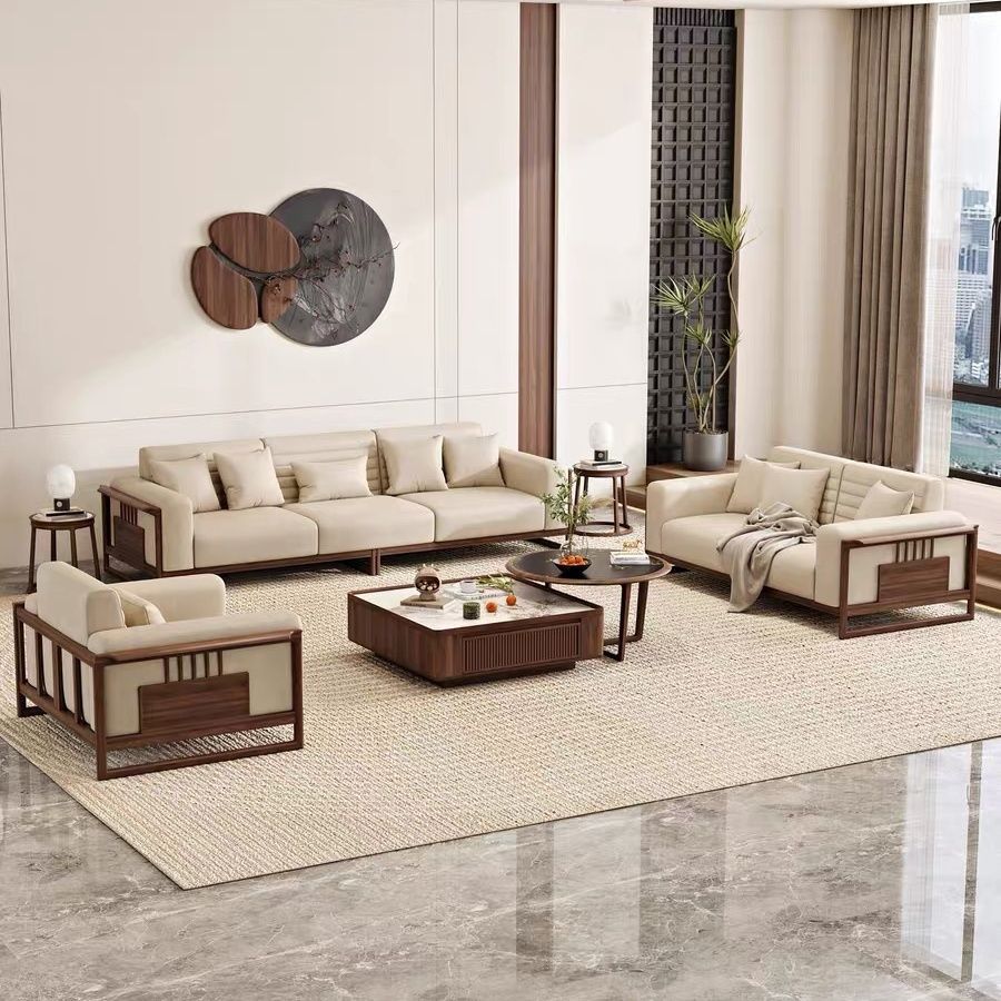 New Chinese-Style Solid Wood Sofa Set, Modern Minimalist Living Room Furniture for Villas, Three-Seater, Four-Seater, Small Apartment Zen-Style Furniture