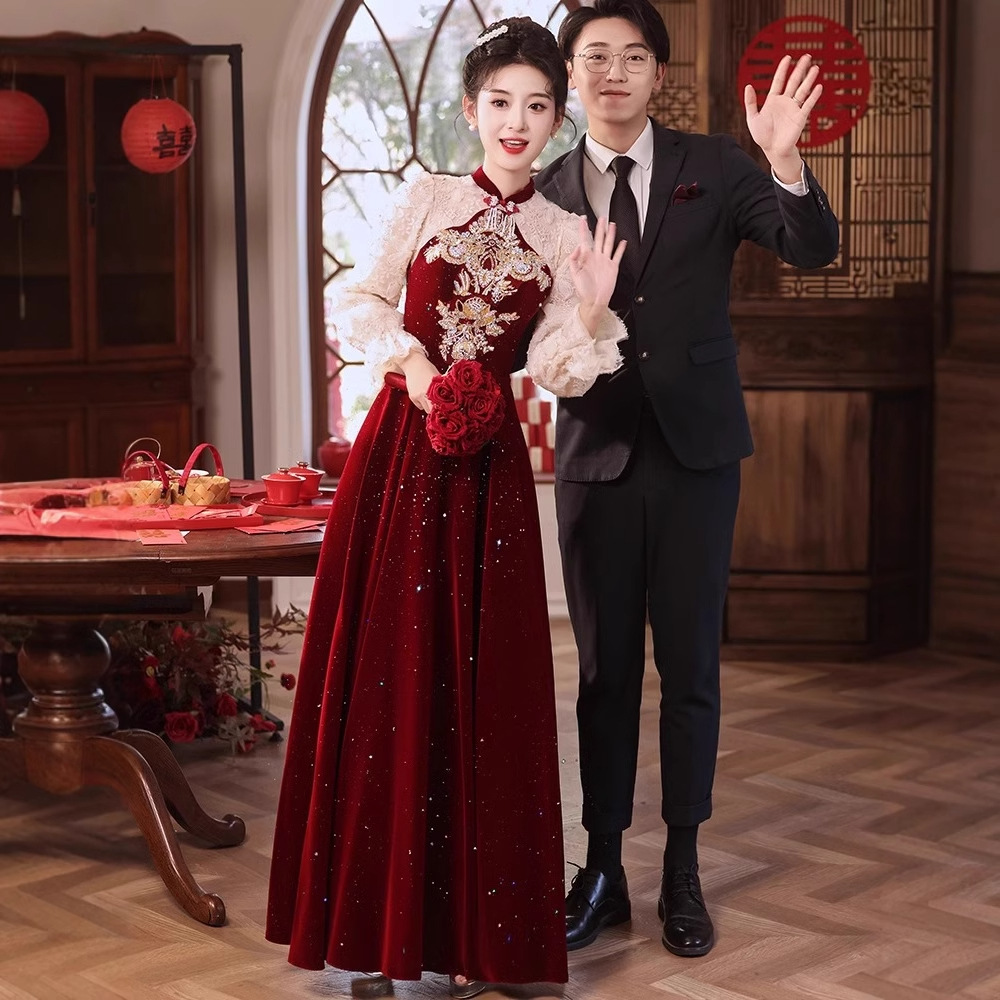 新中式旗袍敬酒服2025新款新娘结婚气质长款秋冬红色婚服订婚礼服