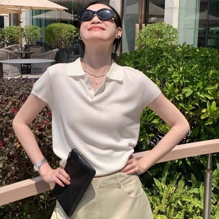 高级感老钱风白色短袖女Polo领冰丝针织t恤夏季宽松正肩翻领上衣