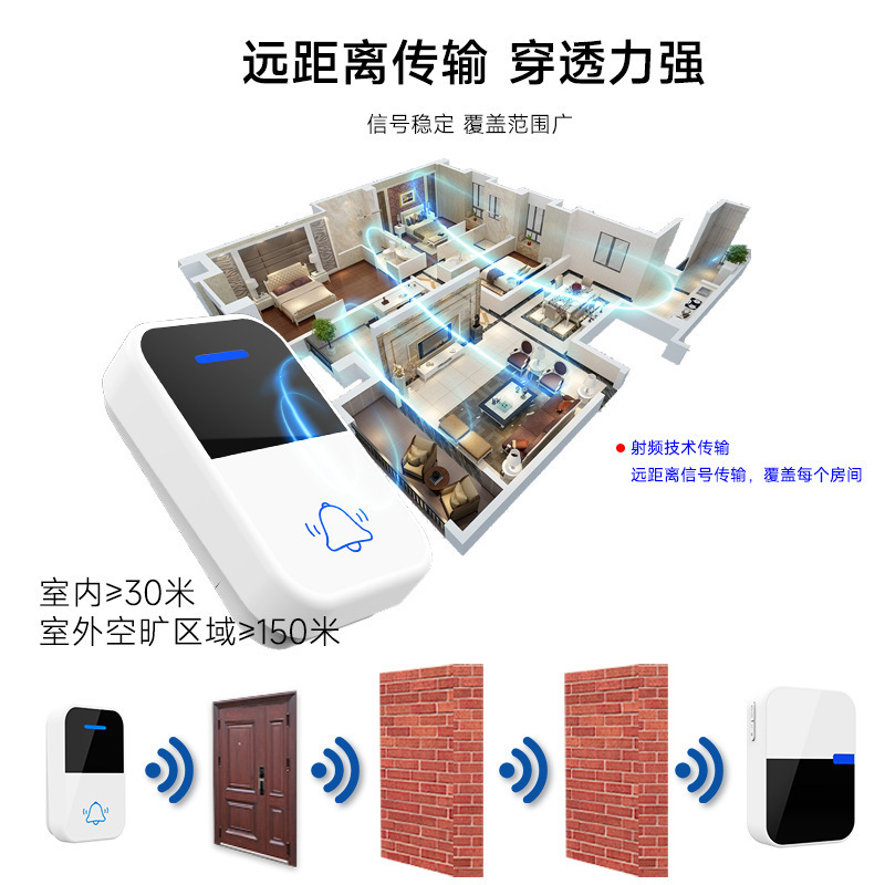 美规欧规家用自发电无线门铃防水免电池免布线一拖二电子交流门铃|undefined