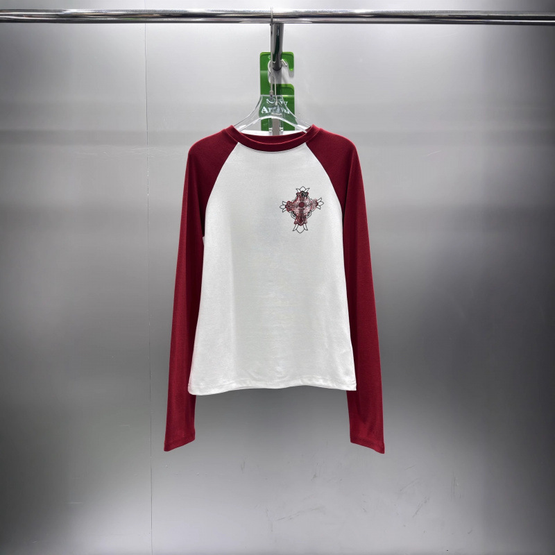 ch25秋冬新款烫钻印花十字架圆领加绒撞色插肩袖打底衫T恤