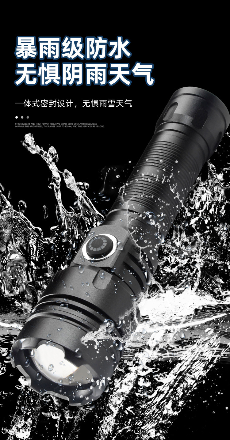 Portable Strong Light Flashlight for Outdoor Camping, Five-Level Adjustable Zoomable USB Flashlight, Aluminum Alloy Strong Light Flashlight