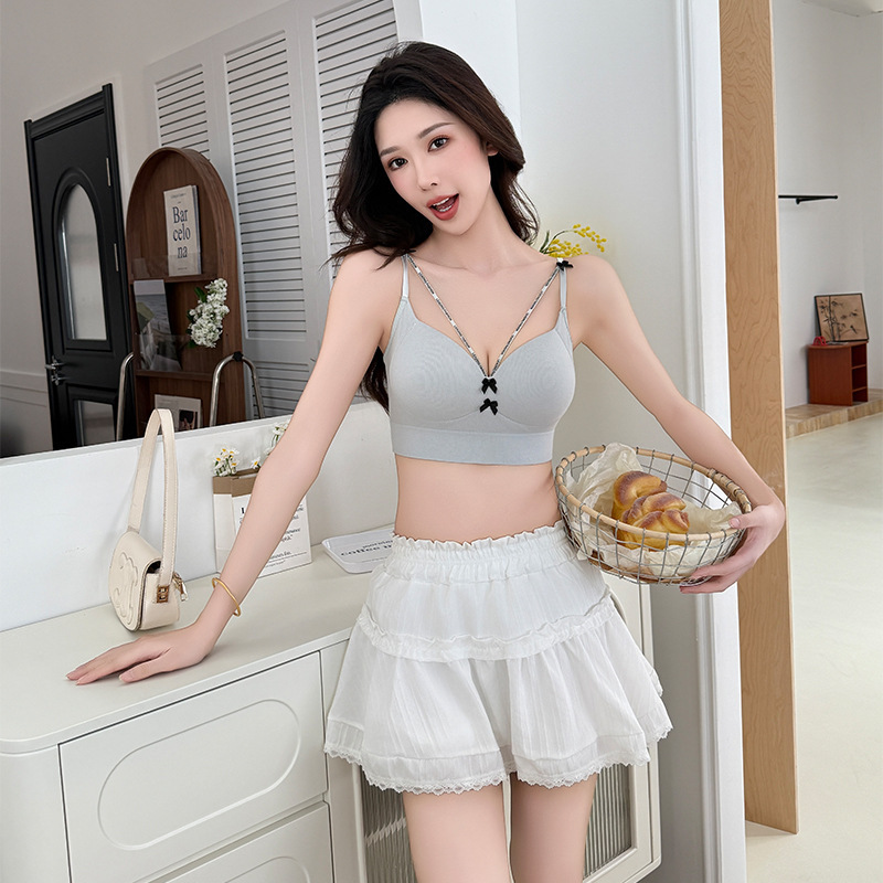 辣妹镂空V领蝴蝶结吊带一体美背内衣乳胶杯透气舒适内搭外穿裹胸