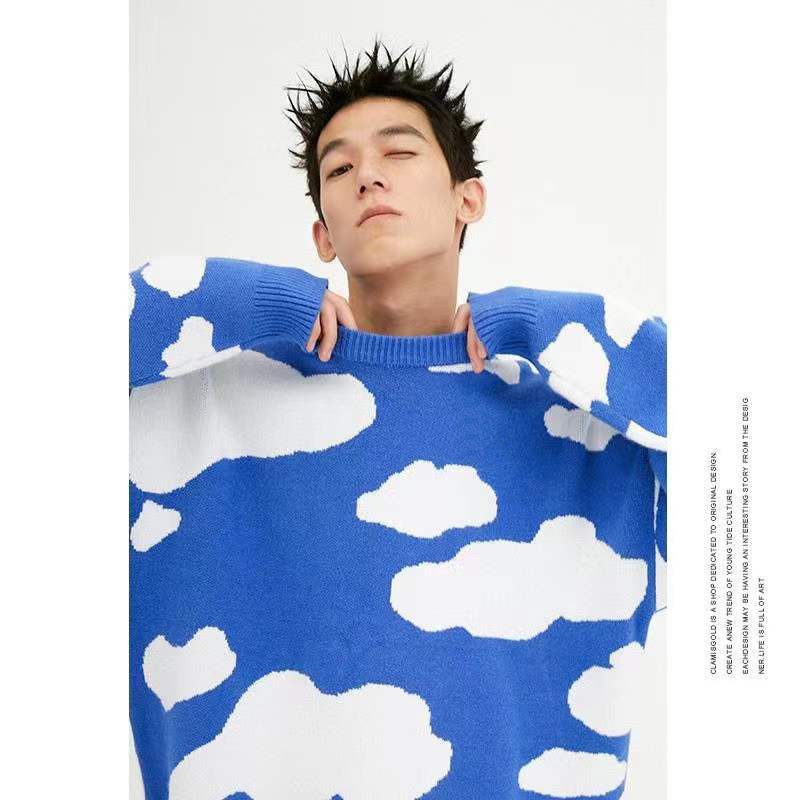 國(guó)潮牌嘻哈藍(lán)天白云寬松套頭毛衣男女情侶加厚針織外套