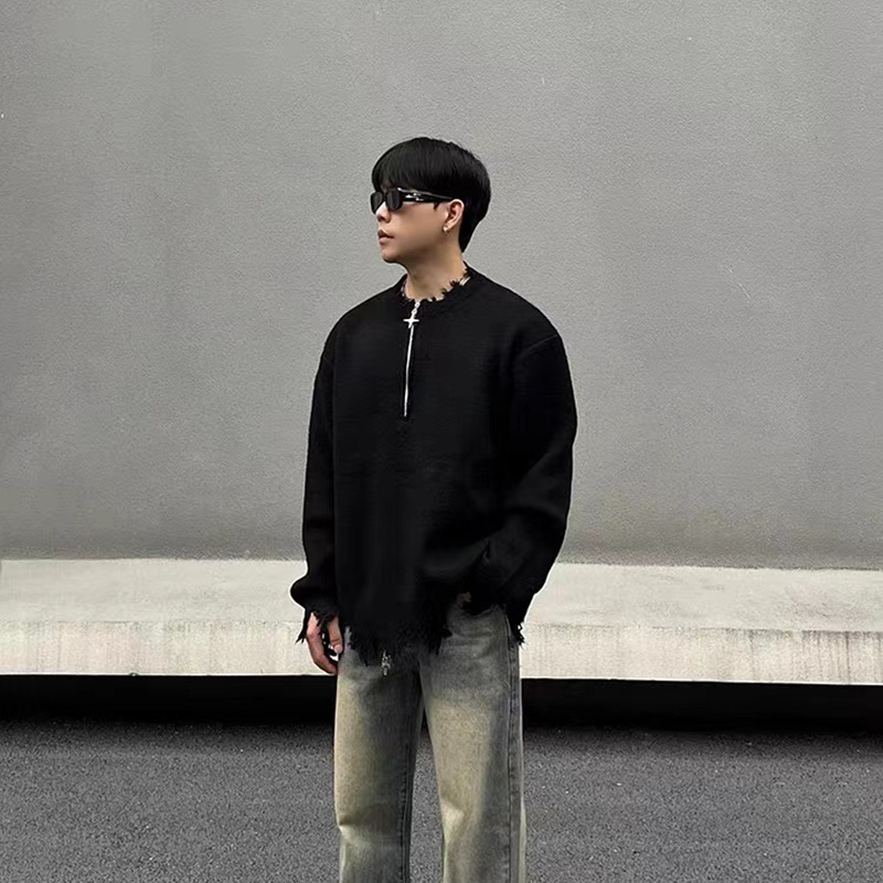 Zipper New Street Distressed Design Black Half-Zip Sweater Men's Loose Lazy Style Knitwear_voghion.com