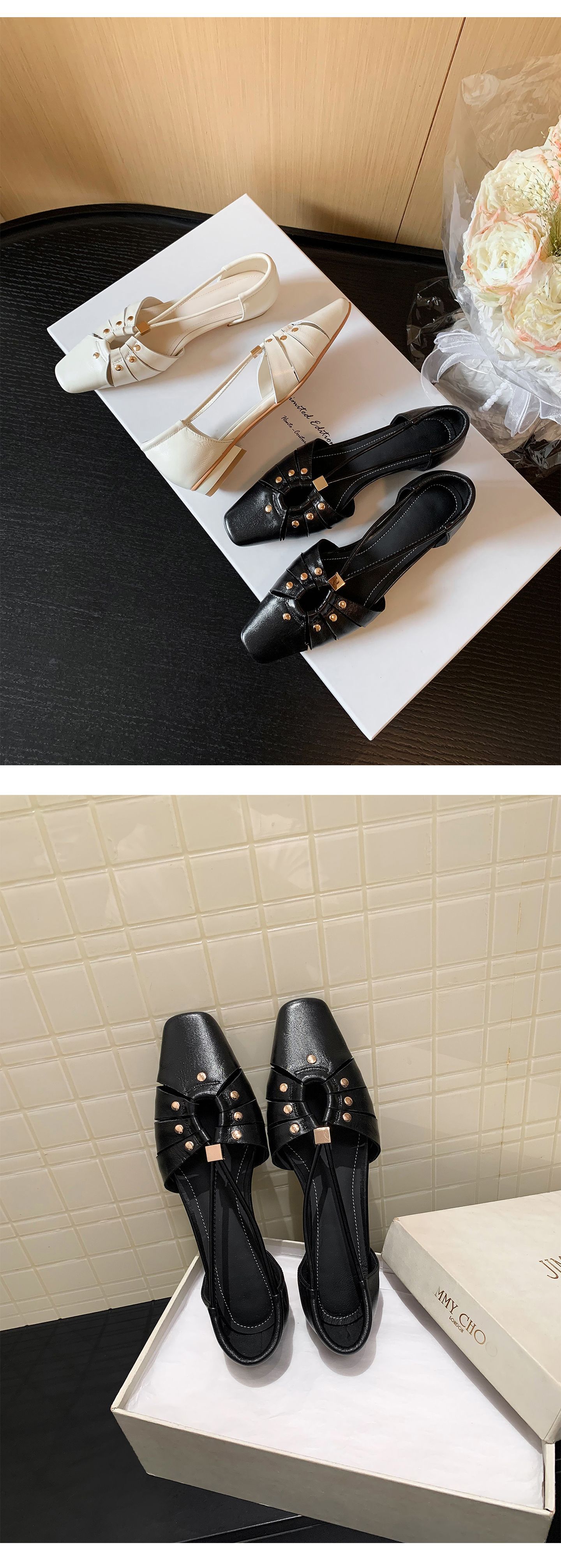 Dép sandal nữ da cừu đinh tán mũi kín gót kín phong cách Hàn Quốc đế bệt — đen chi tiết 10