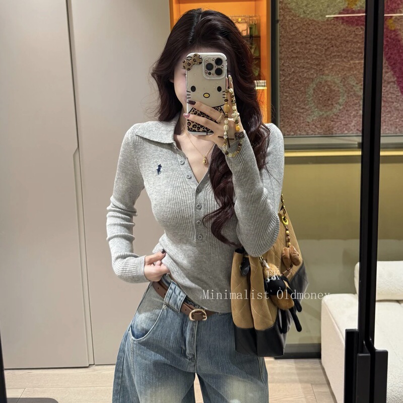 High-End Old Money Style Buttoned Lapel Wool Sweater for Women Autumn New Slim Fit Embroidered Top