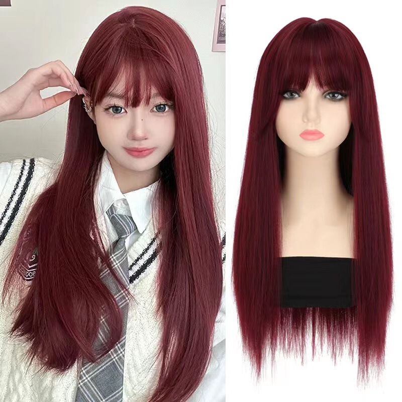 Cross-border new wig women's long straight hair high temperature silk chemical fiber full head cover wine red Fashion natural long hair in stock Cross-border new wig women's long straight hair high temperature silk chemical fiber full head cover wine red Fashion natural long hair in stock