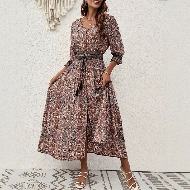 European and American Cross-Border New Spring and Summer Bohemian Print V-Neck Waist-Cinching Slit Holiday-Style Long Dress