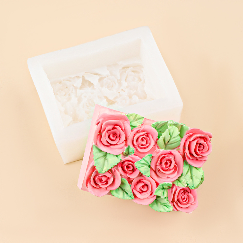 Fragancia floral rectangular, vela, molde de flor de rosa, jabón hecho a mano de bricolaje, yeso, molde de mousse de chocolate, molde de goteo
