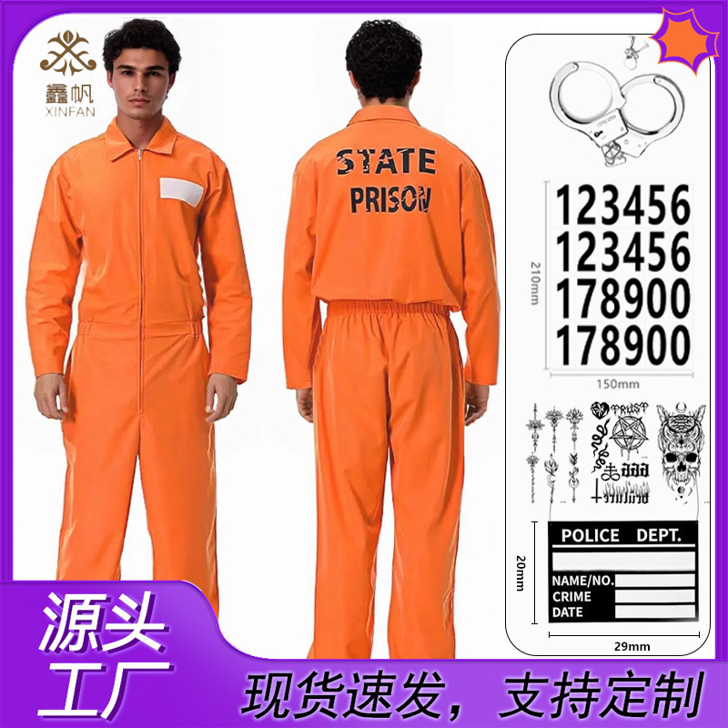Halloween Adult Masquerade Cosplay European and American Prison Orange Prisoner Uniform Labor Reformer Costume with Accessories