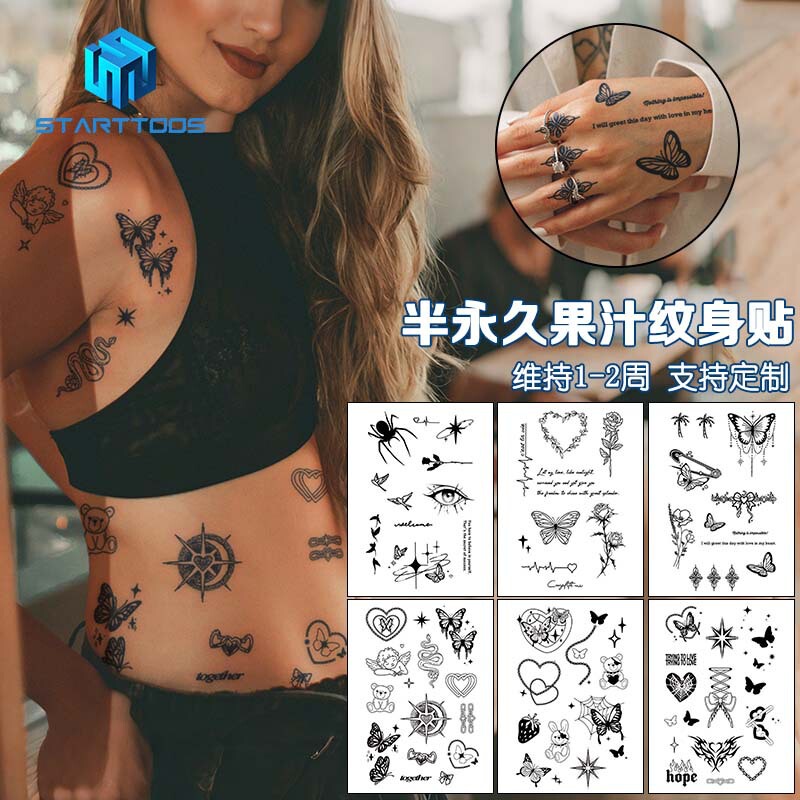 New Trendy Charming Y2K Butterfly Heart Spider Pattern Temporary Waterproof Semi-Permanent Herbal Juice Tattoo Sticker