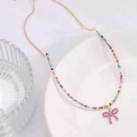 跨境新款蝴蝶结吊坠彩色米珠可调节项链甜酷风串珠项链彩虹百搭