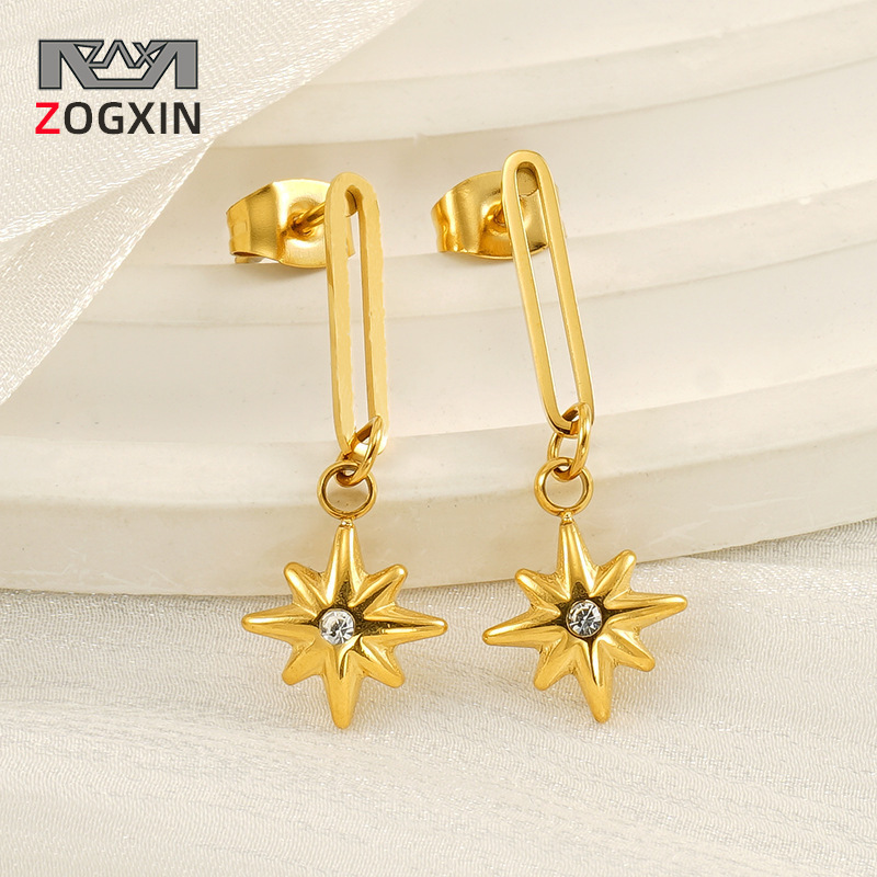 Diseño de nicho Estilo francés Colgante de estrella de ocho mandos Pendientes huecos de acero de titanio Moda de oro de 18k Pendientes nuevos de todo fósforo