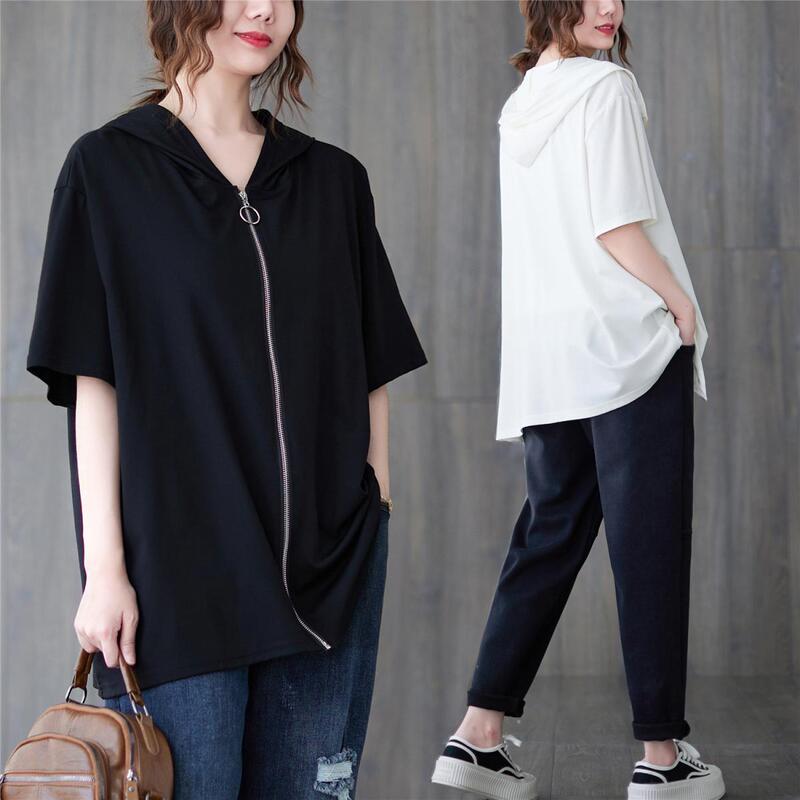 Large size fat mm 1.00 kg-150.00 kg short sleeve T-shirt female summer thin simple casual cardigan zipper hooded cover top
