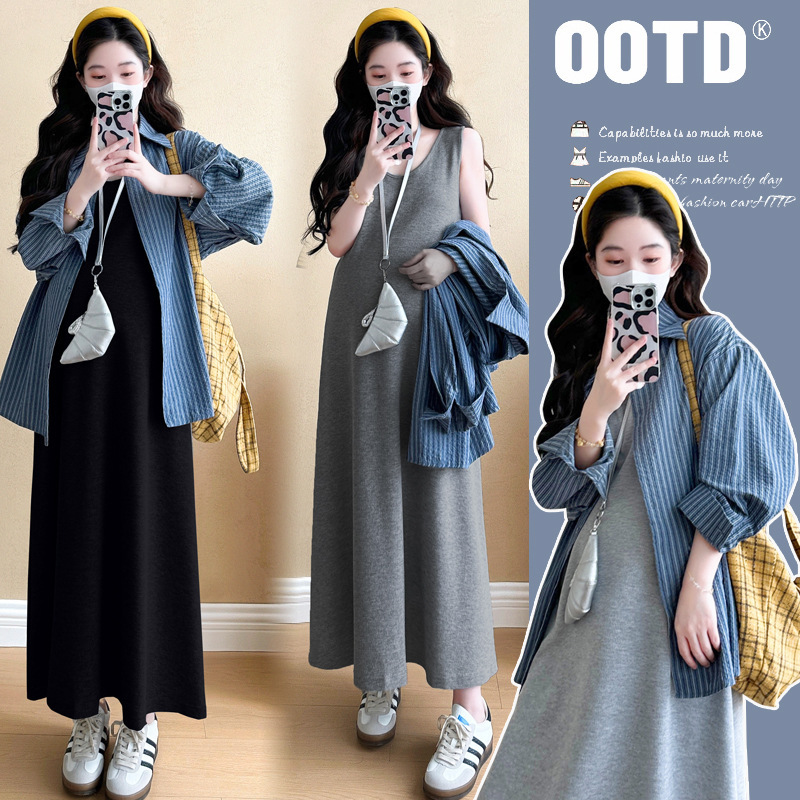Real shot in stock pregnant women early autumn 2024 new vest skirt striped shirt two-piece set