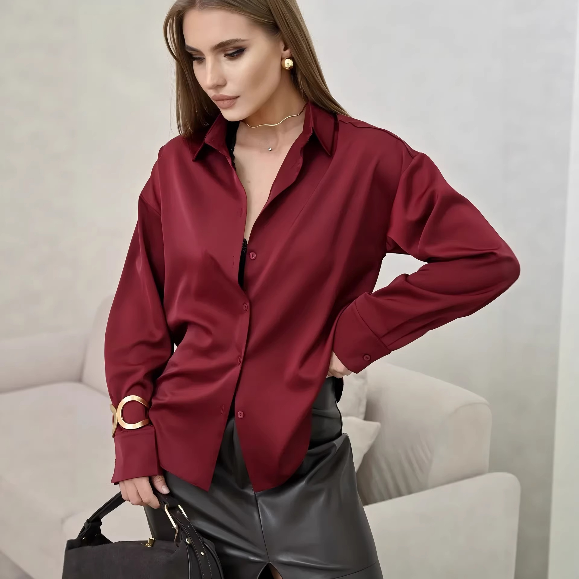 Women's Solid Color Acetate Long Sleeve Shirt Spring New Arrival Silky Satin Feel Wrinkle Resistant Drapey Texture Basic Top_ecoleips.com