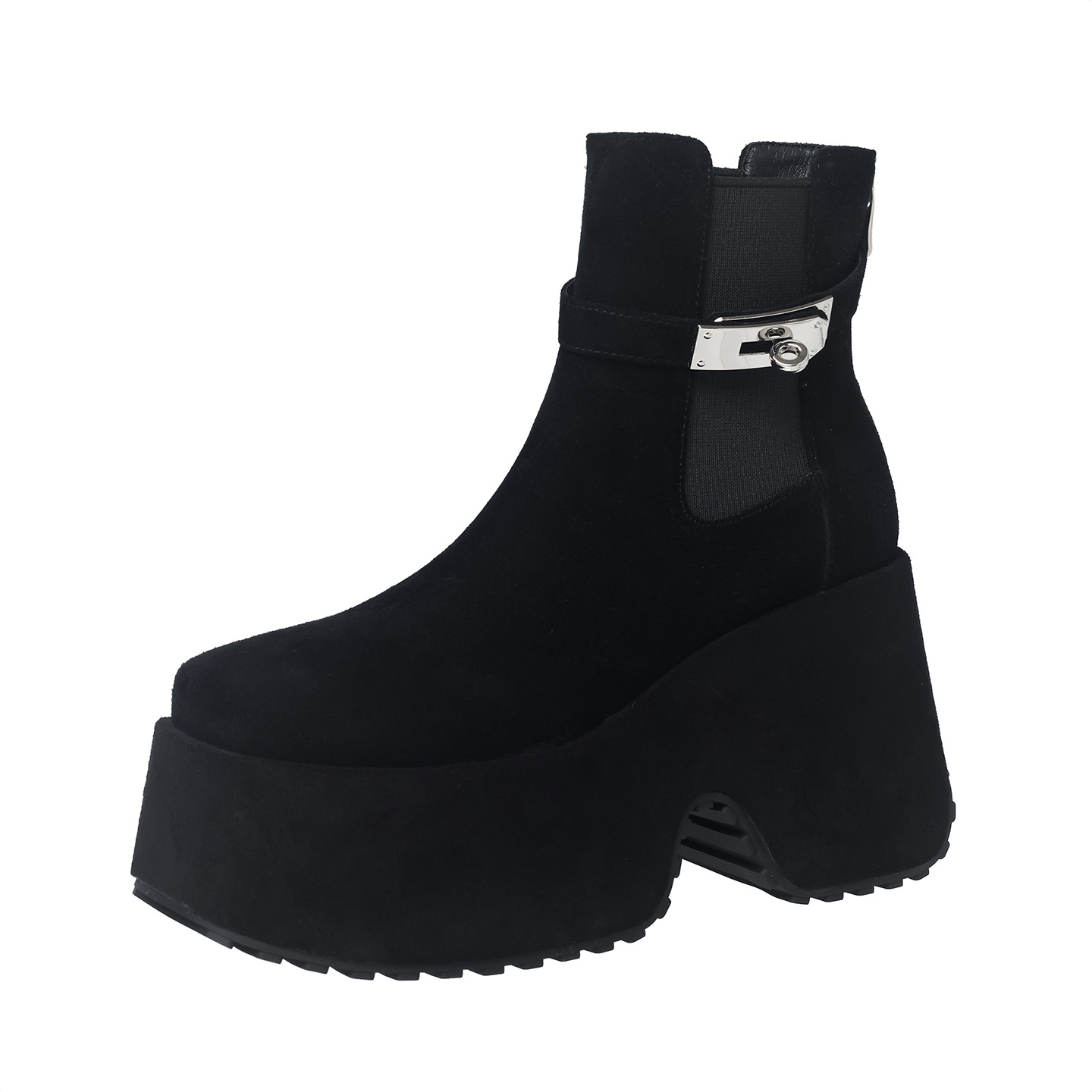 Boot Chelsea nữ cổ thun đế xuồng gót vuông mũi vuông phong cách bụi — Lót đơn màu hạnh