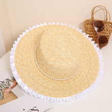 夏季女士平顶麦秆草帽大檐麦秆草帽子珍珠花边帽沙滩遮阳帽子厂家