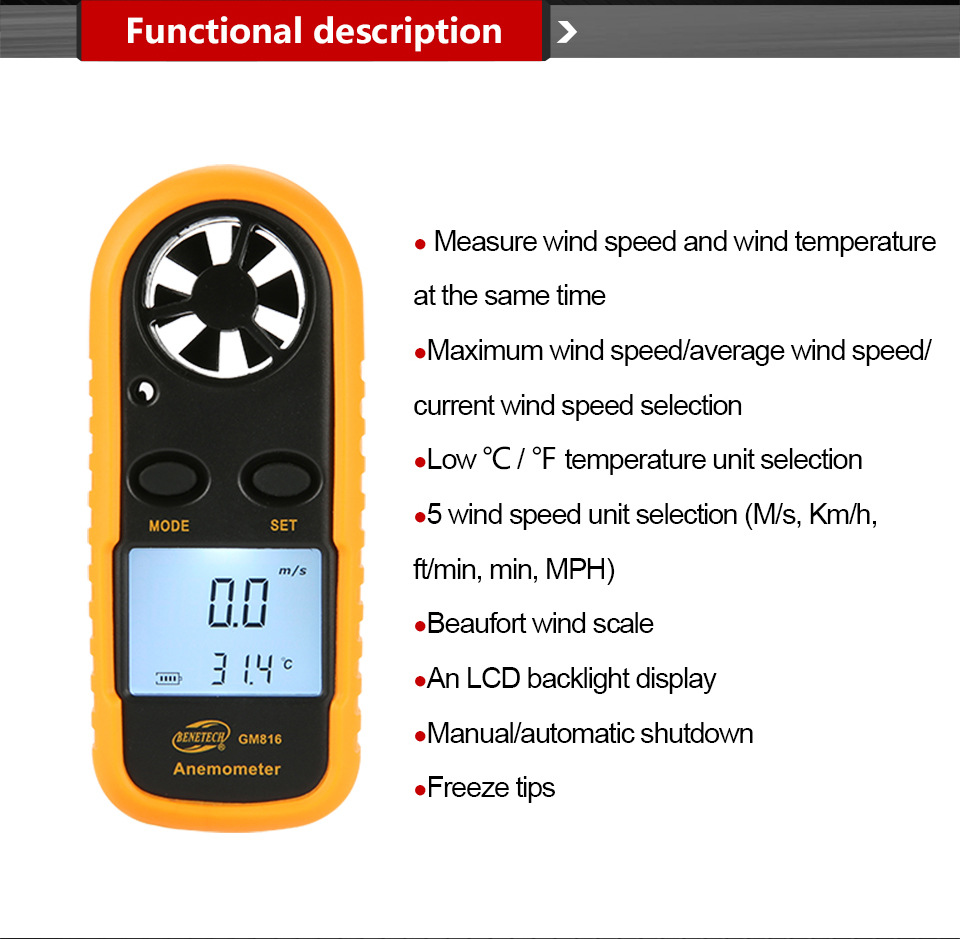 BENETECH GM816 0-30m/s LCD Hand-held Measure tool Windmeter Wind Digital Handheld Anemometer