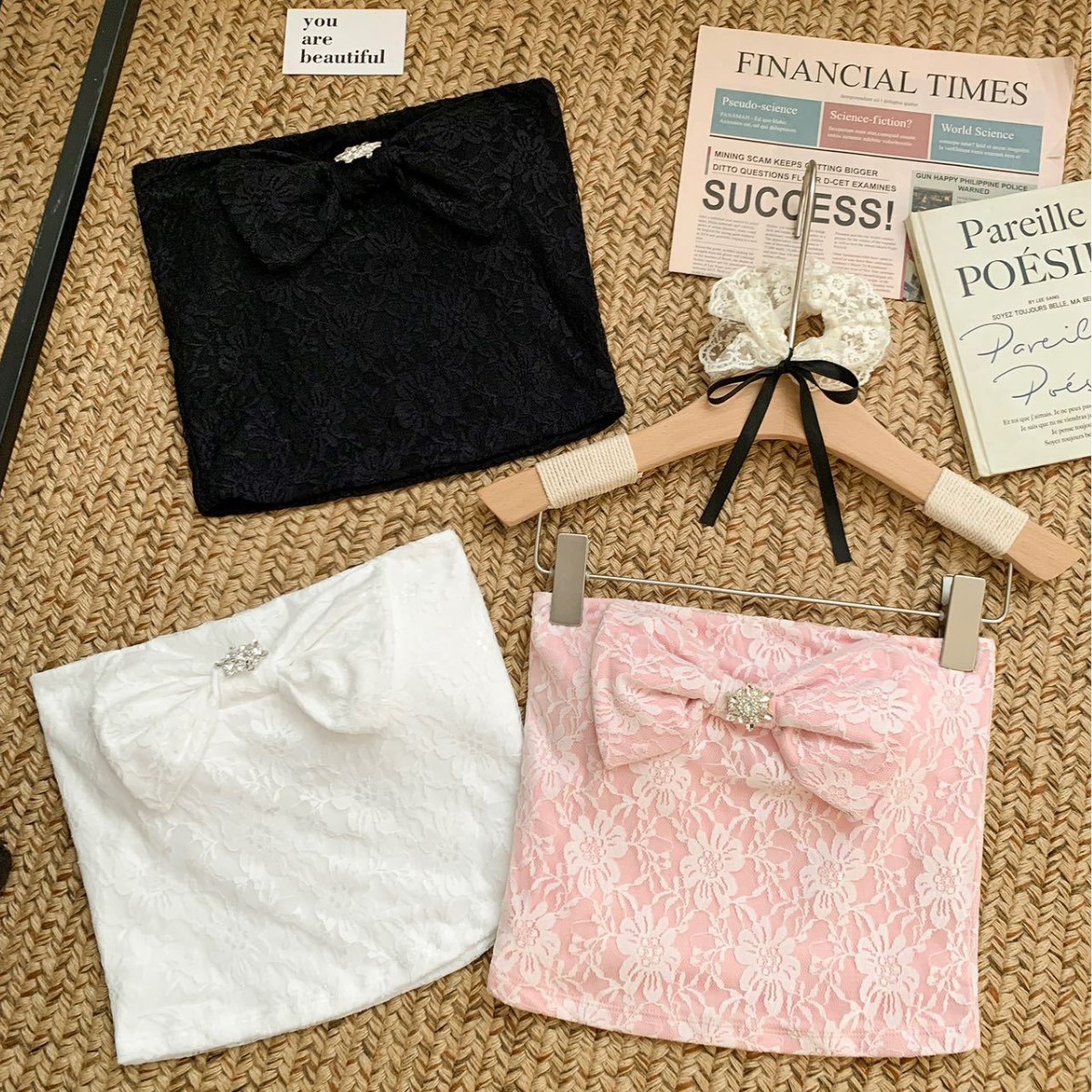 甜美性感蕾丝蝴蝶结抹胸背心女内搭外穿带胸垫美背高级感打底上衣