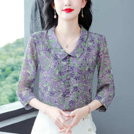华哥弟情桑蚕丝衬衫女2024新款时尚翻领减龄中年妈妈气质优雅上衣