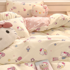 Ins少女心凱蒂猫水洗綿布団カバーベッド4点セット寮プリンセス風シーツ3点セット