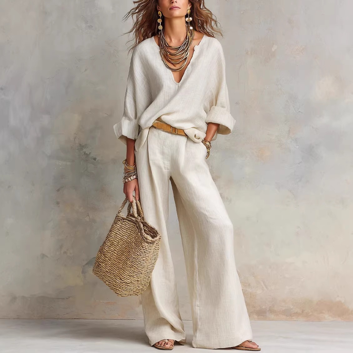 2026 European and American Cross-Border Aliexpress Independent Site Amazon Fashion Casual Natural Linen-Like Loose Vacation Set