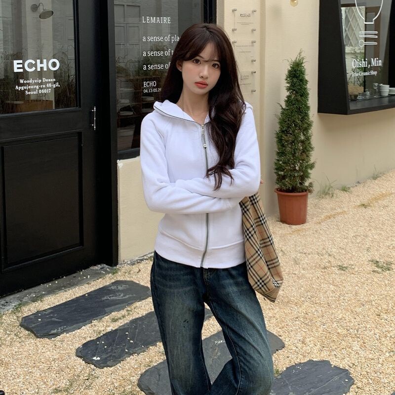 Gray Zipper Cardigan Hooded Sweatshirt for Women 2025 New Style Fleece-Lined Thickeneded Slim Casual Versatile Autumn and Winter Jacket