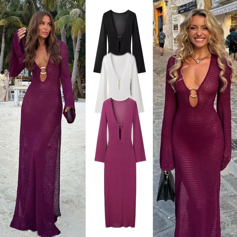 Aliexpress Cross-Border Foreign Trade European and American Women's Clothing Za Spring New V-Neck Bell-Sleeve Sexy Long Knitted Dress