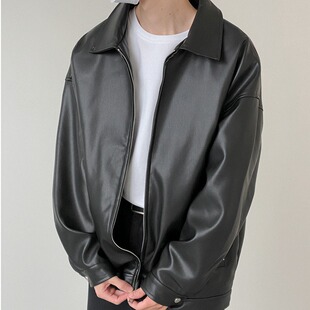 Cross-Border Spring and Autum Basic Leather Jacket Men's Black Pu Zipper Leather Jacket Loose Casual Jacket Ins Motorcycle