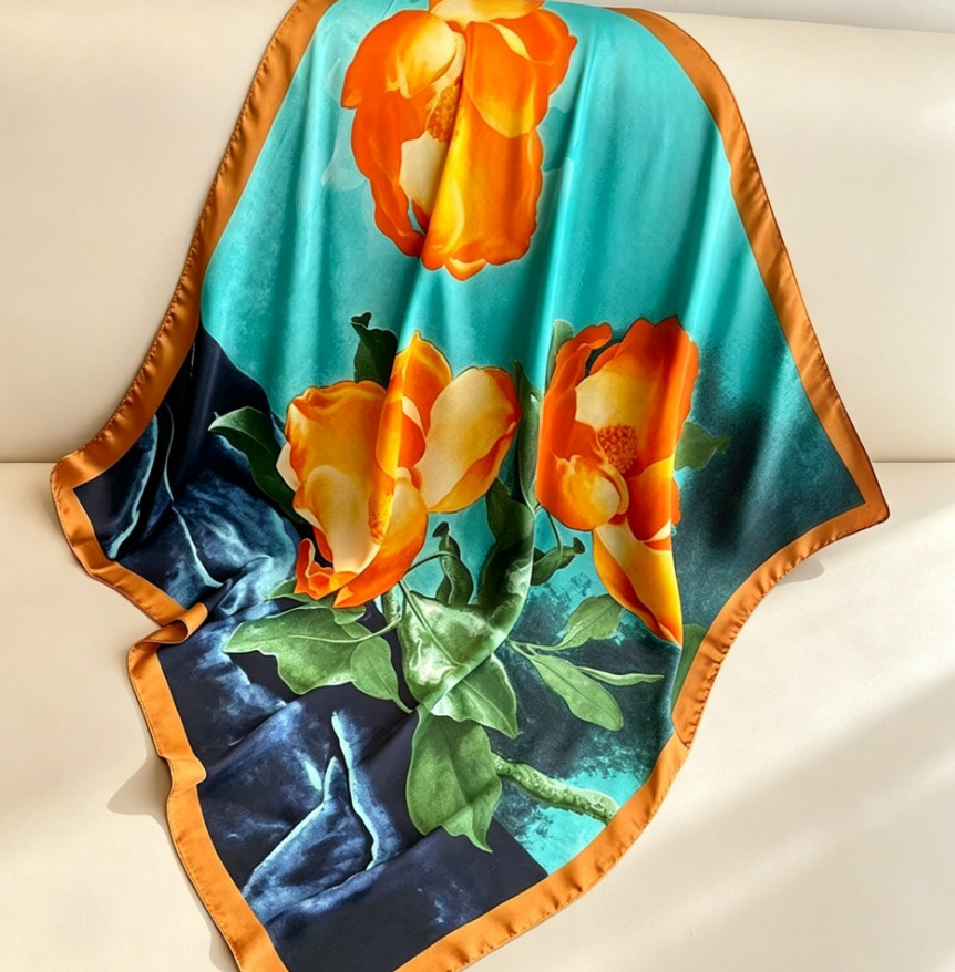 70 bufanda de seda bufanda cuadrada sentido de alta gama moda coreana salvaje profesional imitación bufanda de seda pequeña bufanda de seda con estampado retro mujer