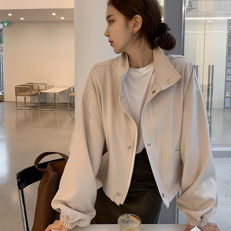 2025 New Spring & Fall Thin Pure Color Short Jacket Feminine Lazy Style Loose Casual Stand-Up Collar Jacket Top