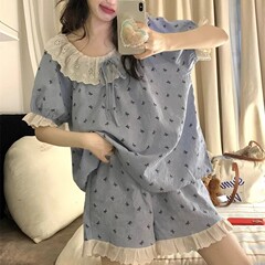 韓国イン女性の新しいブルーリボンプリントラウンドネックレース半袖ショーツパジャマセット卸売ドロップシッピング