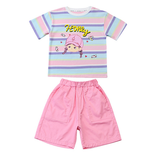 男女儿童装夏季薄款条纹套装2024短袖班服园服针织上衣短裤两件套