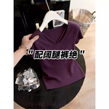 仅用于产品展示勿拍-紫色V领针织短袖T恤女2026新款夏季巨好看减