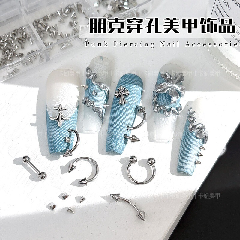 Nail Art Piercing Jewelry Crow Heart Dazzling Hot Girl Cool Rock Punk Style Cross Rivet Alloy Nail Decoration