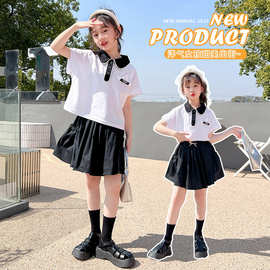 女童夏季Polo衫短袖套装2023新款中大儿童洋气运动休闲短裙两件套