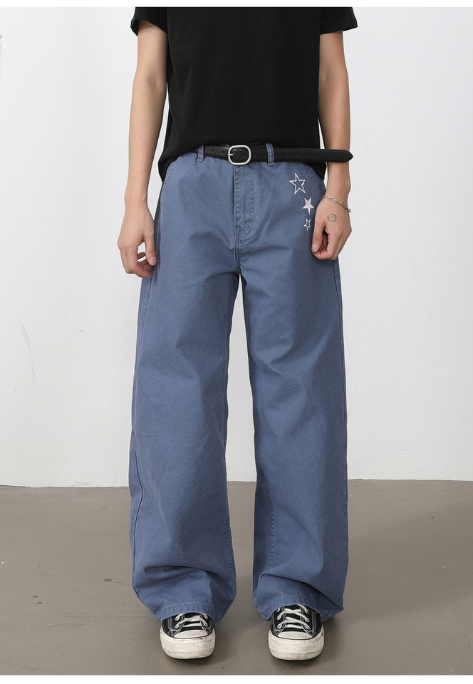 Quần dài nam ống rộng lưng trung in họa tiết ngôi sao Mỹ, form suông thoải mái — Xanh da trờicolor, màu kaki, màu xám, màu đỏ chi tiết 24